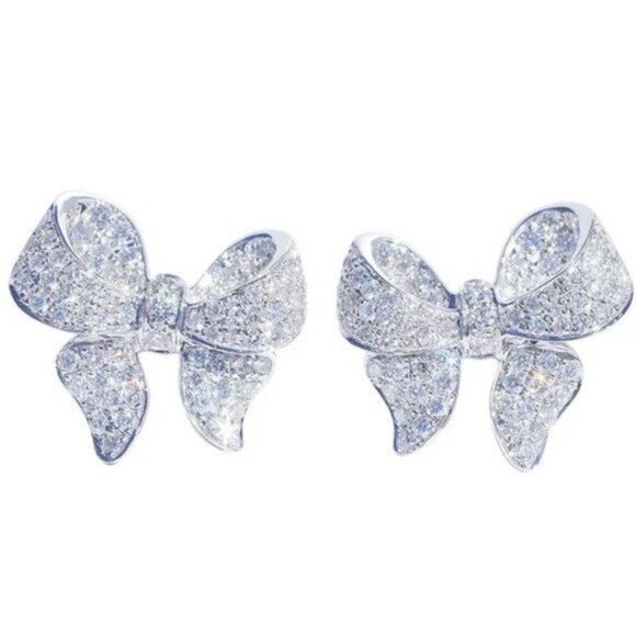 925 Sterling Silver Diamond Solitaire Bow Earrings - Picture 4 of 4